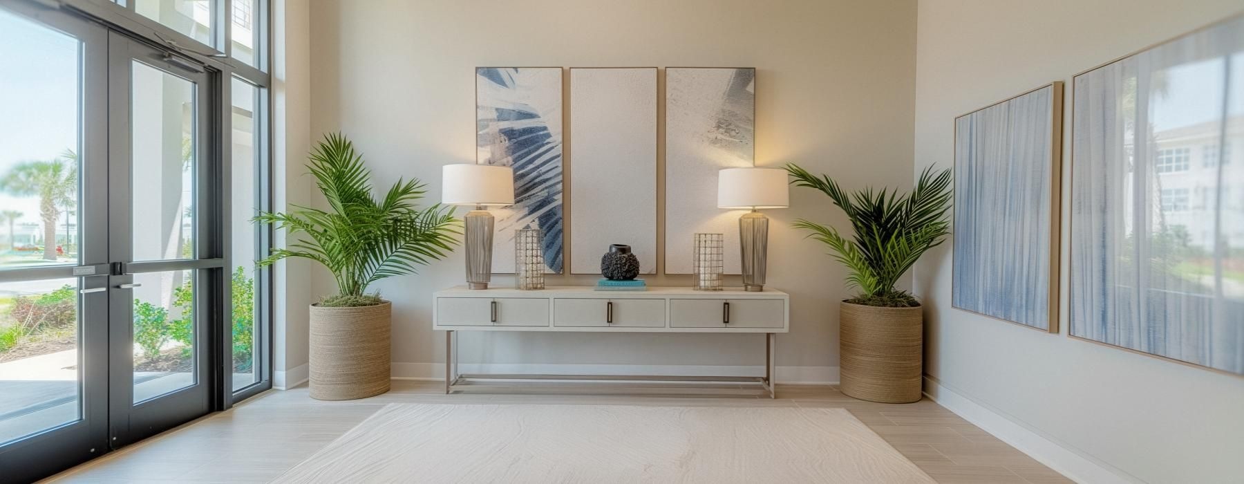 a room with a white table and plants