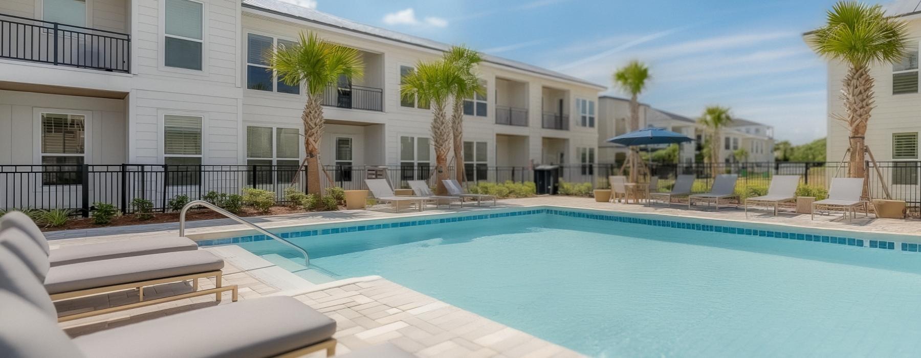 a swimming pool with chairs and umbrellas next to a building